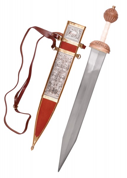 Fulham Gladius Typ Mainz mit Scheide. Das Schwert hat eine scharfe, glänzende Klinge und einen detailliert verzierten Griff. Die Scheide ist rot mit komplizierten, vergoldeten Mustern und hat eine braune Lederschlaufe.