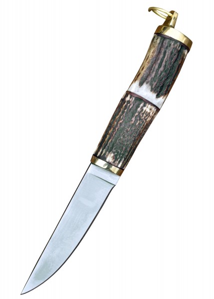 Wikinger Messer mit einer Gesamtlänge von ca. 22 cm. Der Griff besteht aus Hirschhorn und verleiht dem Messer ein rustikales und dennoch elegantes Aussehen. Die Klinge ist glatt und scharf, ideal für verschiedene Schneidarbeiten.