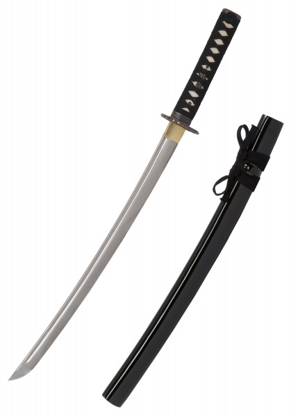 Das John Lee Golden Flower Wakizashi ist ein traditionelles japanisches Schwert mit einer scharfen Klinge und einer kunstvoll gestalteten schwarz-weißen Griffwicklung. Es kommt mit einer glänzenden schwarzen Scheide.