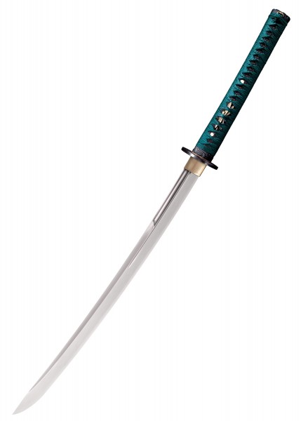 Das Dragonfly Wakizashi mit langem Griff ist ein elegantes Schwert mit einer scharfen, geschwungenen Klinge und einem grün gemusterten Griff. Perfekt ausbalanciert, eignet es sich sowohl für Sammler als auch für ernsthafte Praktiker.