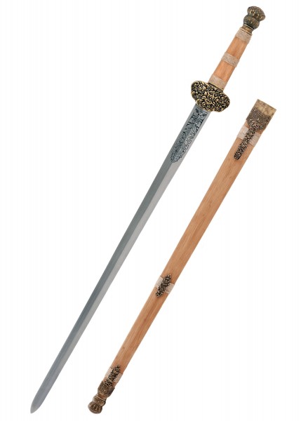 Das Shaolin Dharma Schwert hat eine kunstvoll gearbeitete Klinge und einen geschmückten Griff. Der Holzscheide mit detaillierten Verzierungen ergänzt das elegante Design dieses mittelalterlichen Schwertes perfekt.