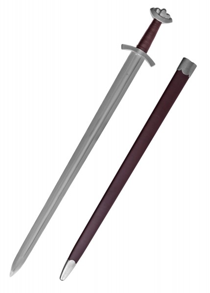 Das Irisches Wikingerschwert, gekennzeichnet durch eine lange, schlanke Klinge aus hochwertigem Stahl und einem kunstvoll verzierten Griff. Der Schwert enthält eine passgenaue Scheide in tiefem Rot für sicheren Transport und Aufbewahrung.