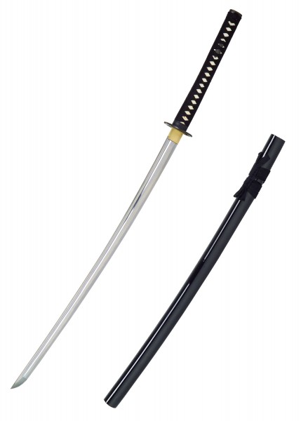 Das John Lee Musashi Ichi Katana zeigt eine scharfe, gebogene Klinge und einen eleganten schwarzen Griff mit weißen Rhombenmustern. Die dazugehörige Scheide ist schlicht schwarz mit einem Band verziert, ideal für Sammler und Enthusiasten.