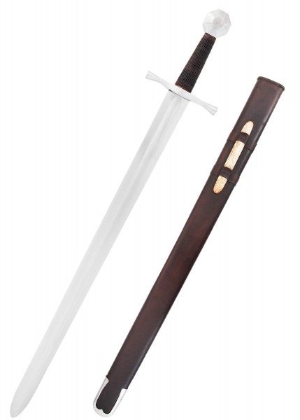 Ein detailreiches mittelalterliches Schwert aus dem 13. Jahrhundert mit achteckigem Knauf und brauner Leder-Scheide. Perfekt für Schaukampf geeignet. Das lange, glänzende Klinge und der robuste Griff sorgen für historische Authentizität.