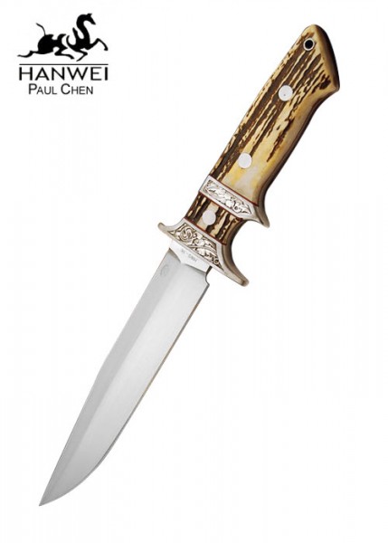 Das Ranger Bowie Messer verfügt über eine Drop-Point-Klinge und einen stilvollen Hirschhorngriff. Die Klinge aus rostfreiem Stahl ist scharf und robust, während der handgefertigte Griff für ein komfortables und sicheres Handling sorgt.