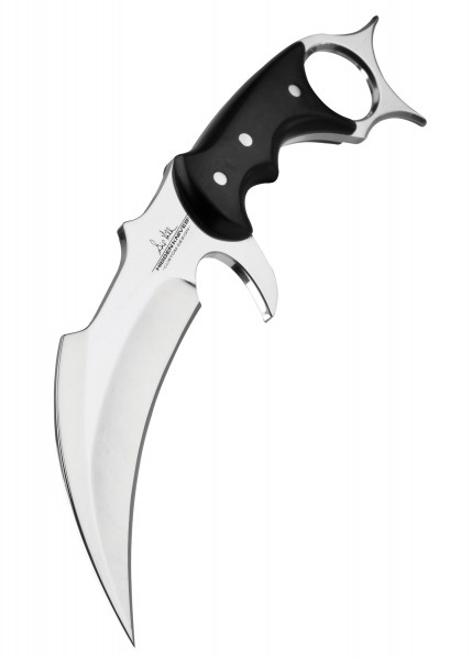 Ein Gil Hibben Karambit Messer mit ergonomisch geformtem schwarzen Griff und polierter Klinge. Die scharfe, gekrümmte Klinge eignet sich für präzise Schnitte. Enthält eine Scheide für sicheren Transport und Aufbewahrung.