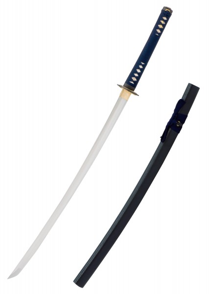 Das John Lee Imori Katana ist eine elegante japanische Schwertkunst. Es besitzt eine scharfe, geschwungene Klinge und einen blauen Griff. Die schwarze Schwertscheide ist ebenfalls abgebildet, was das Gesamtbild abrundet.