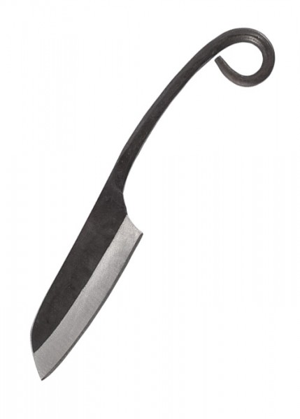 Geschmiedetes Messer mit Sheepfoot Klinge und 15 cm Länge. Der geschwungene Griff bietet eine robuste und rustikale Optik. Ideal für verschiedene Outdoor- oder Alltagsanwendungen. Kein sichtbares Lederband oder Messerscheide im Bild.