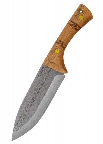 Das Pictus-Messer von Condor hat eine robuste Klinge mit keltischem Muster und einen Holzgriff mit goldenen Akzenten. Ideal für Outdoor-Aktivitäten und als Sammlerobjekt. Ergonomisches Design für optimalen Halt.