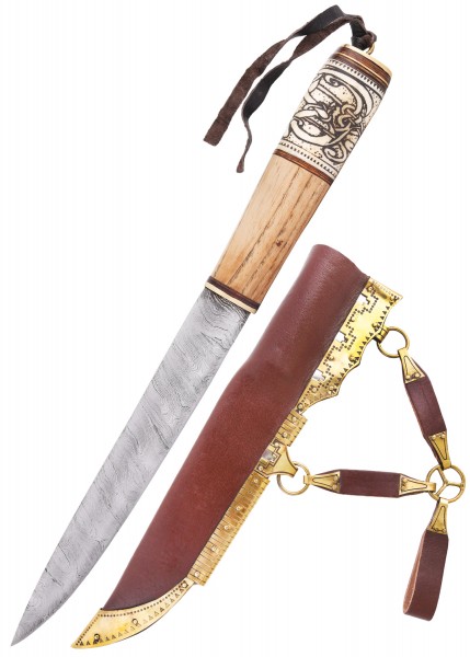Wikinger-Messer aus Damaststahl mit kunstvollem Knochengriff und Knotenmuster. Die Klinge hat eine auffällige, wellenförmige Struktur. Das Messer wird mit einer braunen Lederscheide geliefert, die goldene Verzierungen aufweist.