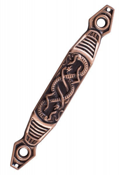 Bronzefarbener Riemendurchzug für Wikinger-Schwertscheide mit detailliertem, sich windenden Schlangenmotiv. Das antike Design und die zwei Befestigungslöcher eignen sich ideal für mittelalterliche Reenactments oder historisierende Kostüme.