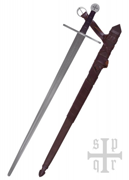 Tempelritter-Schwert (Militaris Templi) Schaukampfschwert SK-B, ein mittelalterliches Schwert mit doppelschneidiger Klinge, metallverziertem Griff und brauner Lederscheide. Ideal für historische Reenactments oder Sammlungen.