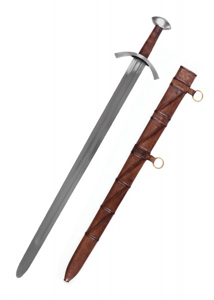 Das Bild zeigt ein mittelalterliches Schwert aus dem 13. Jahrhundert zusammen mit seiner Scheide. Das Schwert hat eine lange, gerade Klinge und einen braunen Griff. Die dazugehörige Scheide besteht aus braunem Leder mit goldenen Ringen.