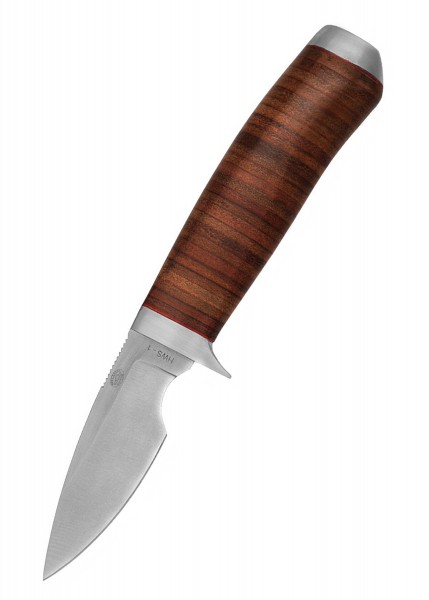 Das Steenbok Messer besitzt eine robuste Drop-Point-Klinge und einen eleganten Griff aus gestapeltem Leder. Perfekt für Outdoor-Abenteuer und präzise Arbeiten. Hochwertige Materialien und hervorragende Verarbeitung zeichnen dieses Messer aus.