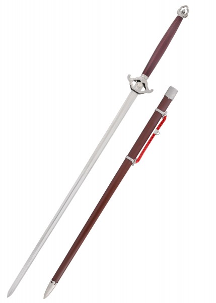 Das Hsu Zweihand-Jian ist ein hochwertiges Schwert mit langem, schlankem Klingen aus Edelstahl. Der Griff besteht aus dunklem Holz mit dekorativen Metallelementen. Die passende Scheide ist ebenfalls aus dunklem Holz gefertigt und mit einer roten Quas