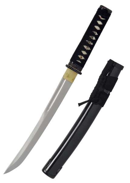 Der John Lee Aikuchi Tanto ist ein japanisches Messer mit scharfer Klinge und kunstvoll gefertigtem Griff. Es zeichnet sich durch sein elegantes, minimalistisches Design aus und wird mit einer schlichten, glänzend schwarzen Scheide geliefert.
