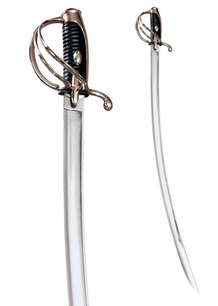 Detailaufnahme eines Napoleon Säbels von 1813. Der Säbel hat eine gebogene Klinge und eine kunstvoll gestaltete Parierstange. Der Griff ist mit schwarzem Leder umwickelt und hat metallische Verzierungen.