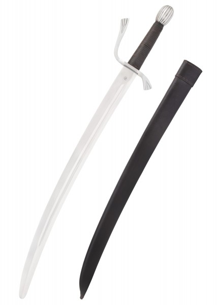 Dieses mittelalterliche Falchion mit Lederscheide eignet sich perfekt für Schaukampfübungen. Das Schwert hat eine geschwungene Klinge und einen genieteten Knauf. Die robuste Lederscheide bietet Schutz und Glamour.