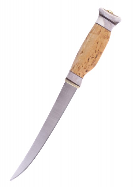 Das Filetiermesser Fileerausveitsi von Wood Jewel zeigt eine hochwertige Klinge mit einem ergonomischen Holzgriff, der eine sichere Handhabung beim Filetieren von Fisch oder Fleisch ermöglicht. Perfekt für präzise Schnitte.