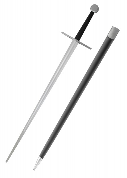 Das Tinker Bastard-Schwert mit Schaukampfklinge (SK-A) ist ein eindrucksvolles, mittelalterliches Langschwert. Es hat einen schwarzen Griff, eine scharfe Klinge und wird mit einer stabilen schwarzen Scheide geliefert. Ideal für historische Nachstellu