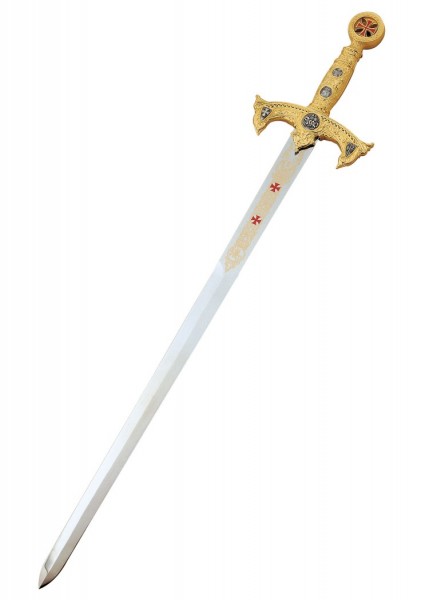 Goldfarbenes Schwert des Templerordens von Marto. Es hat eine kunstvoll verzierte Parierstange mit Templerkreuz und Details auf der Klinge und dem Griff. Ideal für Sammler und Geschichtsinteressierte.