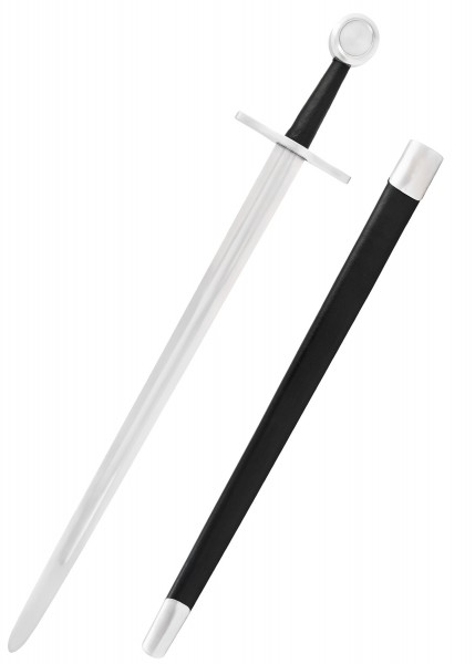 Das Bild zeigt ein Scheibenknaufschwert mit schwarzer Scheide. Das Schwert hat eine glänzende Klinge und eine kreuzförmige Parierstange. Die Scheide ist mit Metallapplikationen verziert. Ideal für Mittelalter-Nachstellungen.