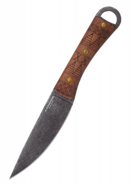 Das Lost Roman Knife von Condor präsentiert sich mit einer robusten, leicht gebogenen Klinge und einem kunstvoll gravierten Holzgriff. Die Klinge aus gehärtetem Stahl und der ergonomische Griff machen dieses Messer ideal für Outdoor-Aktivitäten.