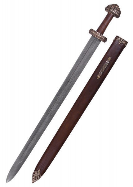 Ein Wikingerschwert mit Ledergriff und detaillierten Verzierungen. Die scharfe Damaststahlklinge liegt neben einer aufwendig verzierten Scheide, die ebenfalls aus Leder gefertigt ist. Ideal für Sammler und Mittelalterliebhaber.