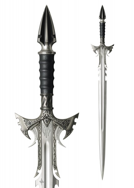Kit Rae - Sedethul, Schwert von Avonthia: Ein detailliert gestaltetes Schwert mit kunstvollen Gravuren, schwarzem Ledergriff und scharfer Klinge. Das Bild zeigt die Nahaufnahme des Griffs und eine Gesamtansicht des Schwertes.