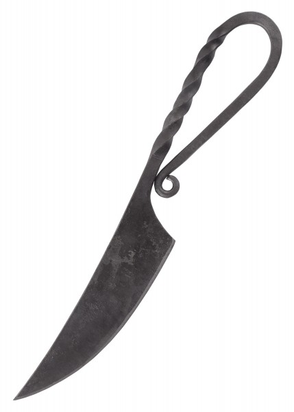 Dieses handgeschmiedete Messer im mittelalterlichen Stil, ca. 21 cm lang, besticht durch seine rustikale Ästhetik. Es verfügt über eine geschwungene Klinge und einen verdrehten Griff, was es zu einem authentischen Sammlerstück macht.