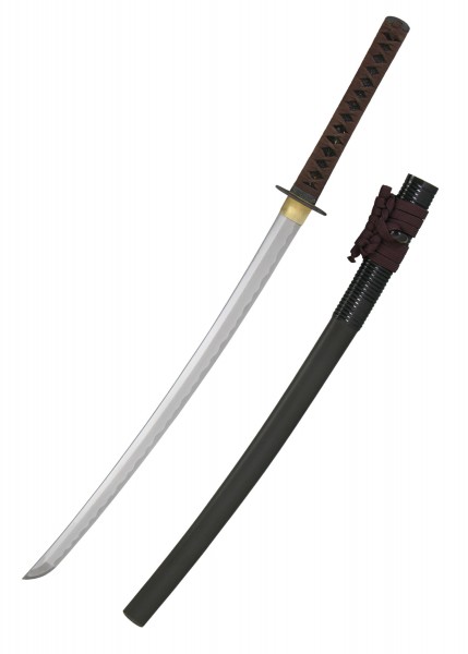 Das Tori XL Katana ist ein elegantes, hochwertiges Schwert mit langer, geschwungener Klinge und einem kunstvoll gewebten Griff in Brauntönen. Die Klinge zeigt feine Details und das Schwert wird mit einer schlichten schwarzen Scheide geliefert.