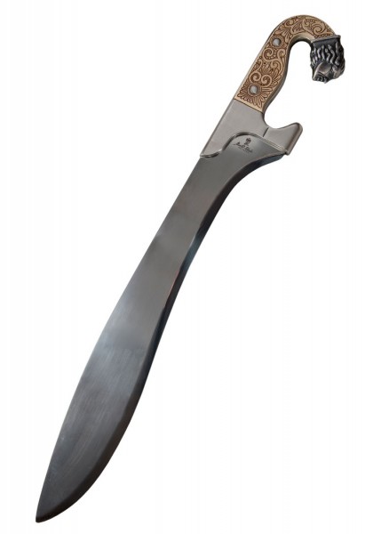 Die Iberische Falcata von Marto in Silberfarbe zeigt ein kunstvoll verziertes Heft und eine gebogene Klinge. Das detaillierte Design des Griffs mit floralem Muster verleiht dem Schwert einen historischen Charme.