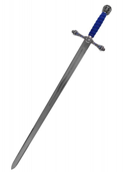 Das Schwert des Schwarzen Prinzen von Marto ist eine kunstvoll gearbeitete Waffe mit einer detailreichen, silbernen Parierstange und einem kunstvoll verzierten Knauf. Der handumwickelte blaue Griff verleiht dem Schwert einen edlen Look.