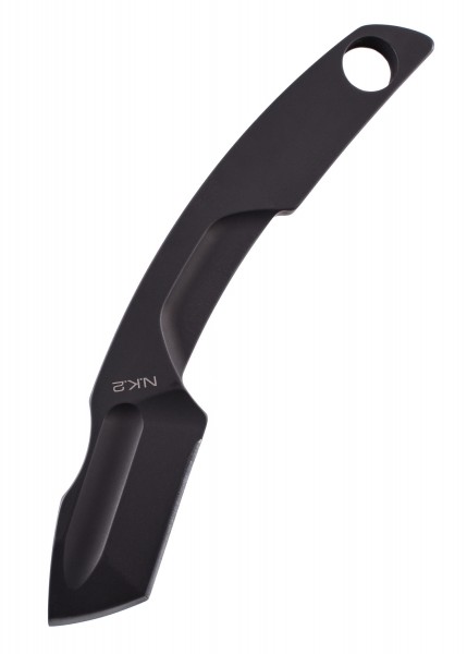 Das Extrema Ratio N.K.2 ist ein schwarzes, feststehendes Messer mit einer robusten, gebogenen Klinge und einem ergonomischen Griff. Es ist kompakt und vielseitig einsetzbar. Ein Loch am Griffende ermöglicht verschiedene Befestigungsmöglichkeiten.