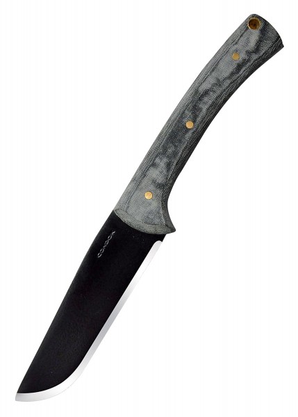 Das Bild zeigt das Garuda Drop Point Messer von Condor. Es hat eine schwarze, gebogene Klinge und einen grauen, strukturierten Griff. Das Messer ist hochwertig verarbeitet und eignet sich gut für Outdoor- und Überlebensaktivitäten. Hervorstechend sin
