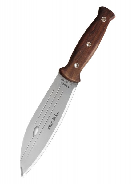 Das Primitive Bush Knife von Condor ist ein hochwertiges Jagdmesser mit einer robusten Klinge und einem ergonomisch geformten Griff aus dunklem Holz. Auf der Klinge sind Gravuren zu erkennen. Ideal für Outdoor-Abenteuer und den täglichen Gebrauch.