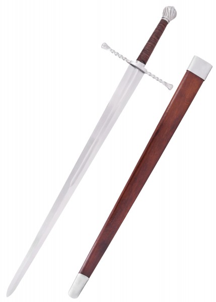 Bastardschwert, Anderthalbhänder mit Scheide. Schwert mit langem, geradem Klingenblatt und kunstvoll verziertem Griff. Die Scheide ist aus hochwertigem Holz und Leder gefertigt, perfekt passend für das Mittelalter-Reenactment.