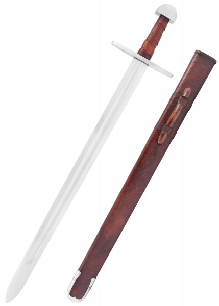 Dieses mittelalterliche Normannen-Schwert kommt mit einer passenden Scheide. Es hat eine glänzende Klinge, einen robusten Griff und eine elegante, braune Lederscheide, die mit Metallbeschlägen versehen ist.