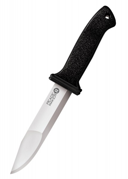 Das Peace Maker II Stiefelmesser ist ein robustes, handliches Messer. Es hat eine scharfe, glänzende Klinge mit dem Aufdruck „Peace Maker II“ und einen schwarz texturierten Griff für sicheren Halt. Ideal für Outdoor-Aktivitäten und den täglichen Gebr