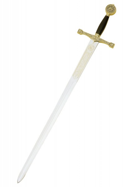 Ein detailreich verziertes Schwert mit goldfarbenem Griff und Knauf. Die lange Klinge des Excalibur von Marto ist kunstvoll graviert, was ihm einen edlen Look verleiht. Ideal für Sammler und Liebhaber mittelalterlicher Waffen.