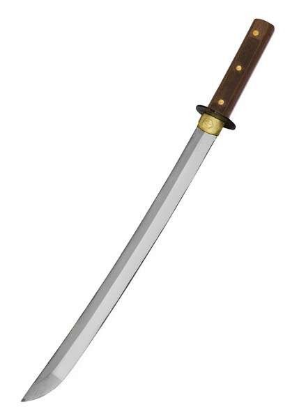 Das Kondoru Wakazashi von Condor, ein Schwert mit einer langen, glänzenden Klinge und einem hölzernen Griff. Der Griff ist mit Messingdetails und drei Nieten versehen. Eine stilvolle Waffe für Sammler und Enthusiasten traditioneller Schwerter.