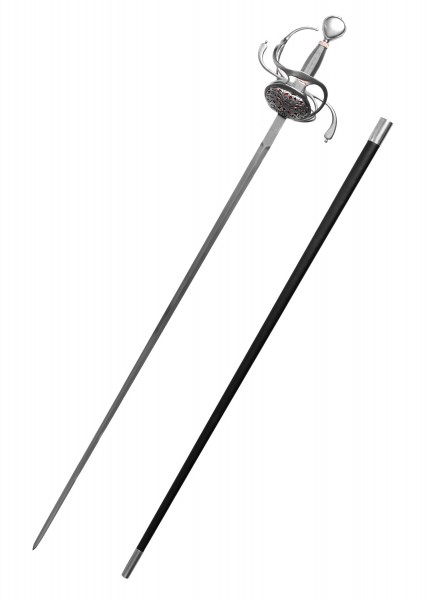 Der Gustav II. Rapier ist ein elegantes Schwert mit einer langen, schmalen Klinge und einem kunstvoll verzierten Griff. Es wird zusammen mit einer schwarzen Schwertscheide präsentiert. Das Design vereint historische Elemente mit edler Handwerkskunst.