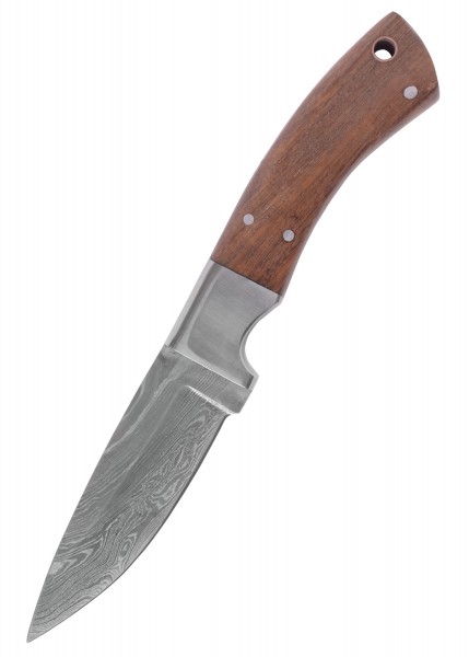 Ein Messer mit einer detailreichen Damaststahlklinge und einem ergonomischen Holzgriff. Die Klinge zeigt typische Damastmuster, die sowohl ästhetisch ansprechend als auch funktionell sind. Ideal für Sammler und Liebhaber von hochwertigen Messern.