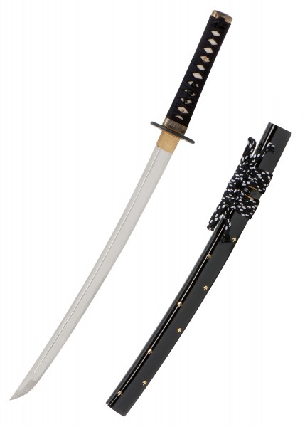 Das John Lee Zaza Iaito Wakizashi ist ein kunstvoll gefertigtes Schwert mit schwarzem Griff und passender Scheide. Der fein verarbeitete Griff ist schwarz umwickelt und die Klinge makellos poliert. Ein perfektes Sammlerstück.