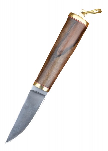 Das Wikinger Messer verfügt über einen eleganten Walnussholzgriff und eine scharfe Klinge. Die polierte Metallspitze und der Lederriemen am Ende des Griffes betonen die hochwertige Verarbeitung. Ideal für Sammler und Enthusiasten.