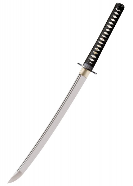 Detailaufnahme eines Wakizashi-Schwerts mit langem Griff. Es hat eine silberne Klinge und einen schwarz umwickelten Griff mit auffälligem Rautenmuster. Ideal für Sammler und Kampfkünstler.