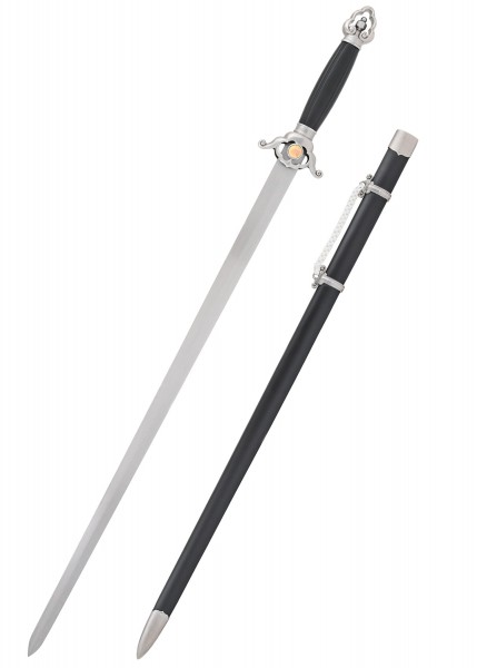 Praktisches Tai-Chi-Schwert mit verschiedenen Klingenlängen. Es hat eine gerade, silberfarbene Klinge und einen schwarzen Griff. Die Scheide ist ebenfalls schwarz und hat metallene Akzente. Ideal für Training und Vorführungen.