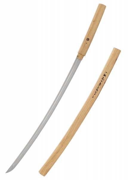 Das Bild zeigt das John Lee Shirasaya Katana in heller Holzoptik. Die Klinge ist aus hochwertigem Stahl und das Schwert kommt mit einer passenden Scheide, die japanische Schriftzeichen trägt. Ideal für Sammler und Liebhaber traditioneller Klingen.