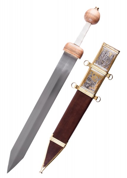 Ein Gladius Typ Pompeji, ein römisches Schwert mit einer kunstvoll verzierten Scheide. Das Schwert hat eine gerade Klinge und einen runden Holzgriff, während die Scheide goldene Details und komplexe Muster aufweist.