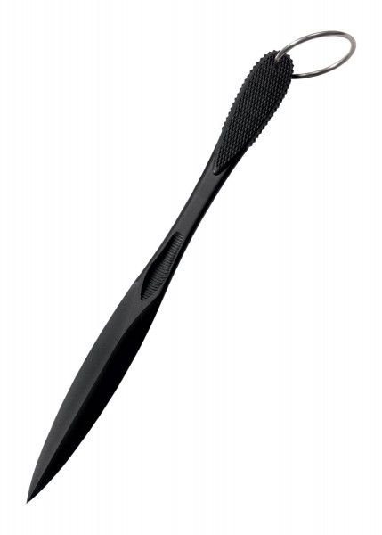 Das FGX Jungle Dart ist ein schwarzer Kunststoffdart mit spitz zulaufender Klinge und strukturierter Griffzone. Oben befindet sich ein kleiner Schlüsselring, der das Tragen erleichtert. Das Design ist einfach, aber funktional, ideal für Outdoor-Aktiv
